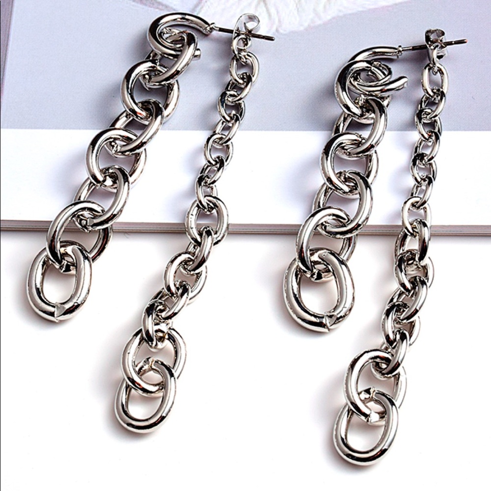 Unisex Pierced Earrings Long Dangle Drop Chain Link Metal Silver Tone Trendy